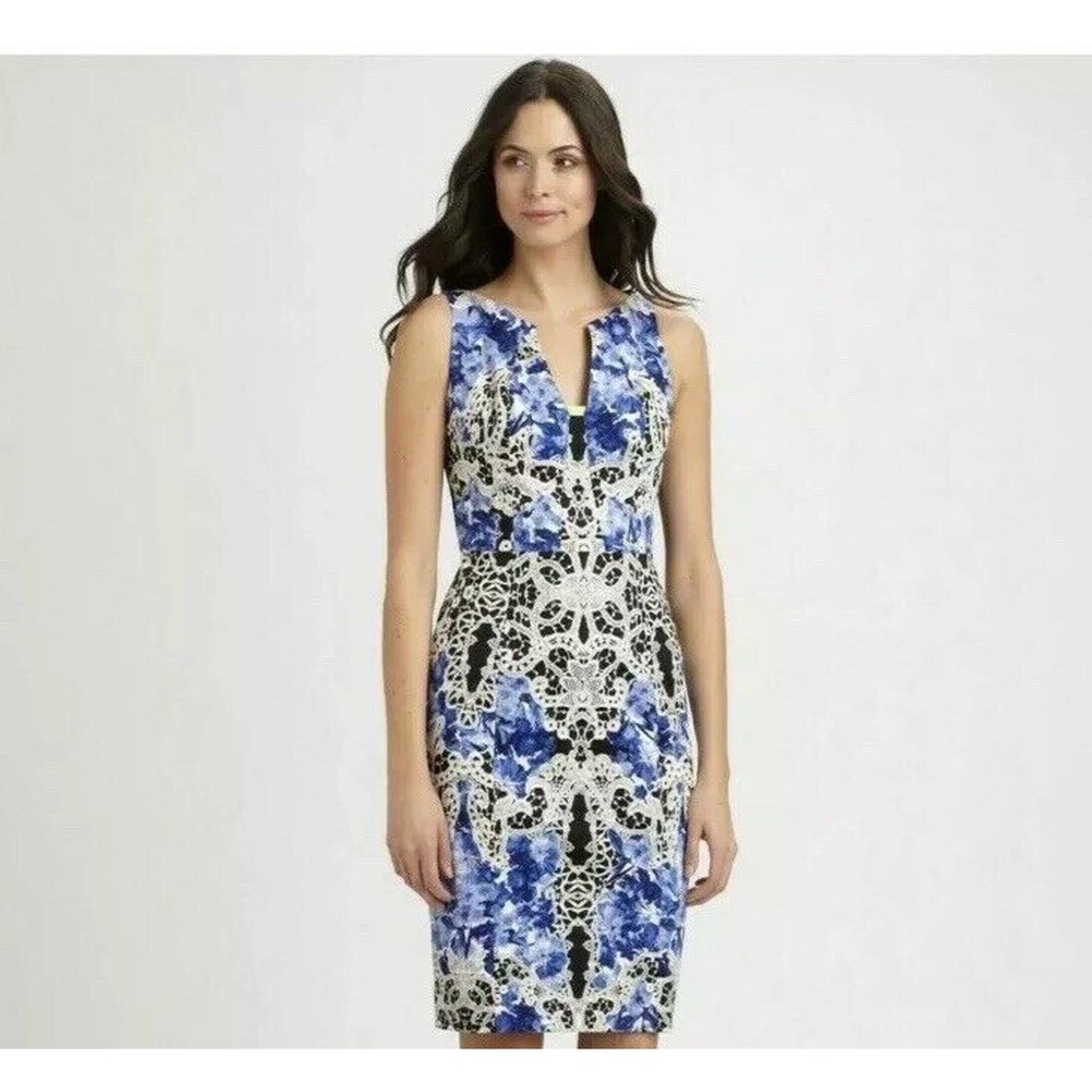 Elie Tahari Nessa Floral & Lace Print Ponte Stretch Exposed Zipper Dress Sz 4 B2